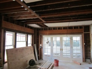 This shot captures the extent of the structural work required in the living room ceiling. 